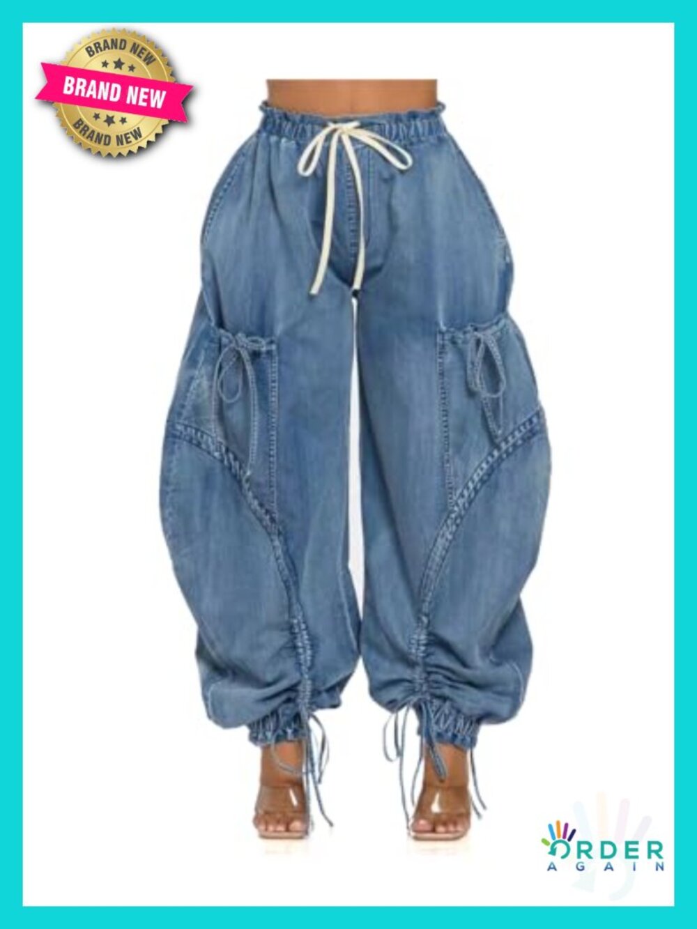 Y2k Baggy Cargo Jeans High Waisted Bow Tie Denim Pants with Drawstring